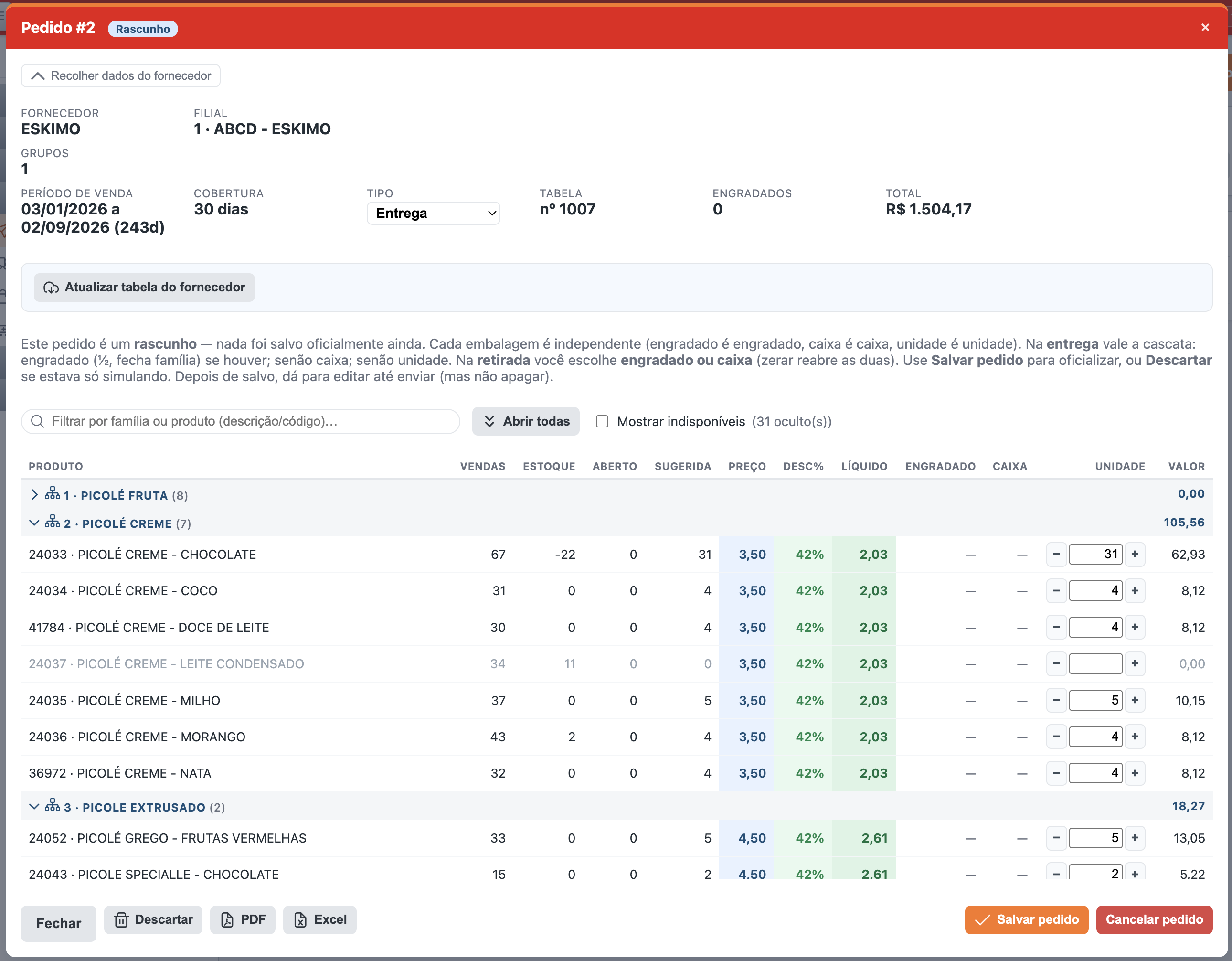 Pedido ao fornecedor no senix-web